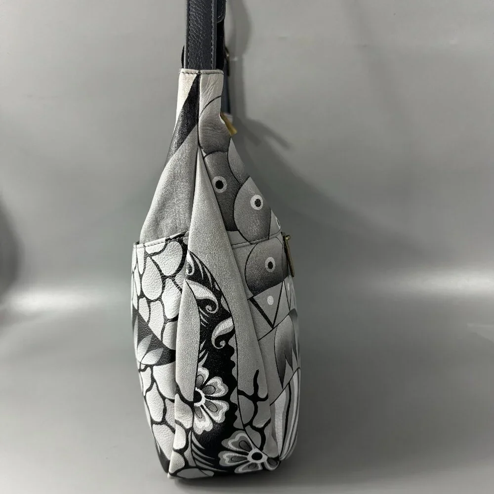 Anna by Anuschka Black/White Floral Leather Hobo Shoulder Bag - Picture 4 of 15